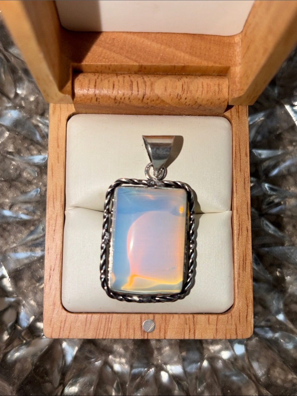 Milky Opalite square necklace pendant stamped in 925 Sterling silver.